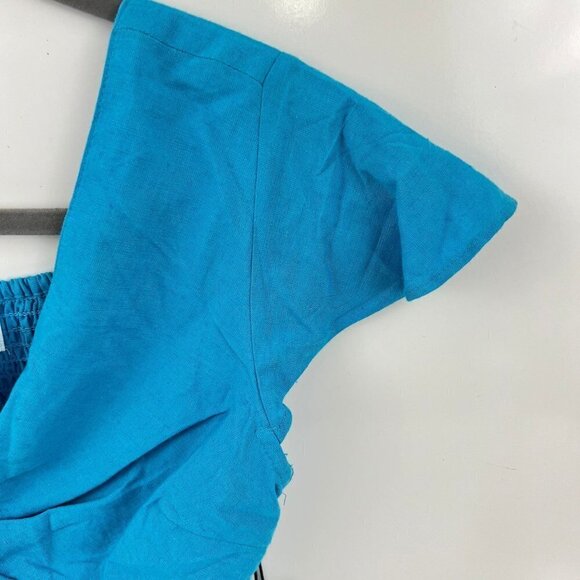 Japna Halter Crop Top Blue Wrap smocked Linen Blend Size L - Picture 6 of 7